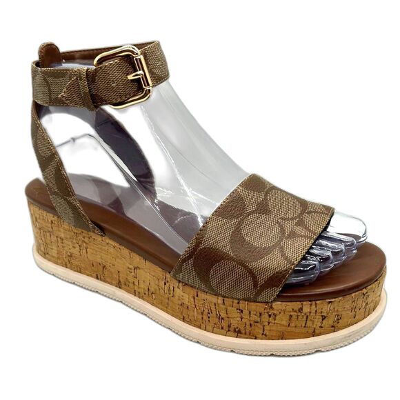 Coach Tallulah Brown Signature Print Platform Ankle Strap Sandals Size 6B - Picture 2 of 14